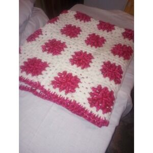 Vtg Granny Square Pink, White Red Crocheted Blanket 50x87in‎ Over 20yrs Old